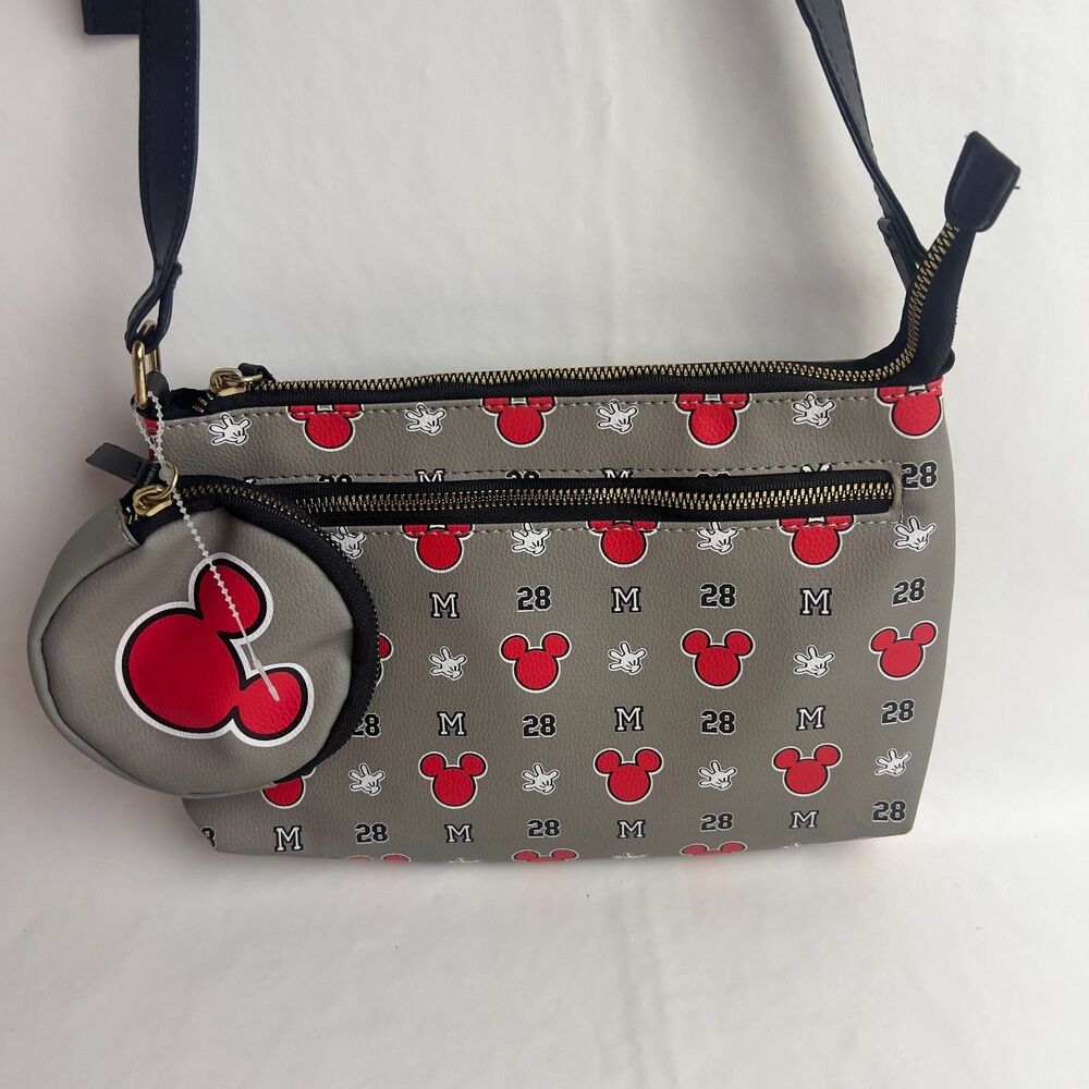 Disney Mickey Mouse Gray & Red Varsity Pattern Crossbody Bag